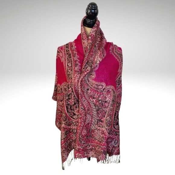 Paisley Pashmina Scarf Shawl Wrap Magenta Pink Double Layer Fringed Large 75” - Picture 5 of 10